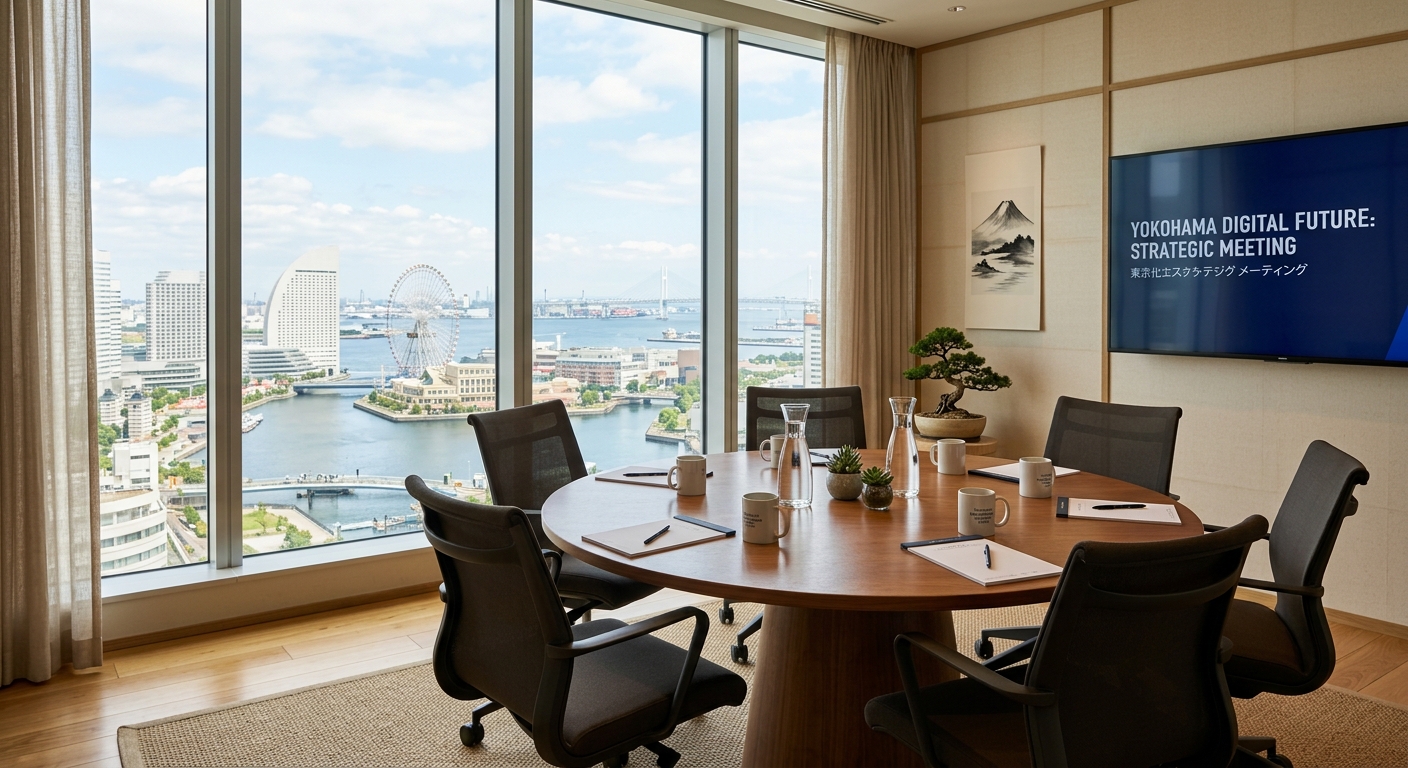A sleek conference room in Yokohama with a round table, ergonomic chairs, large windows, and minimalist Japanese design elements.