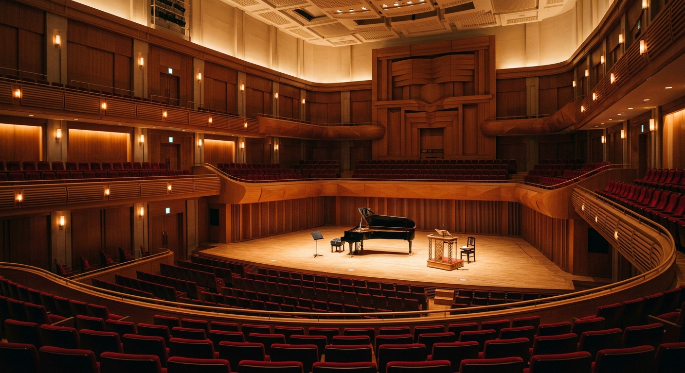 Grand concert hall in Kanagawa with warm lighting, a grand piano on stage, empty conductor's podium, and plush red seats.