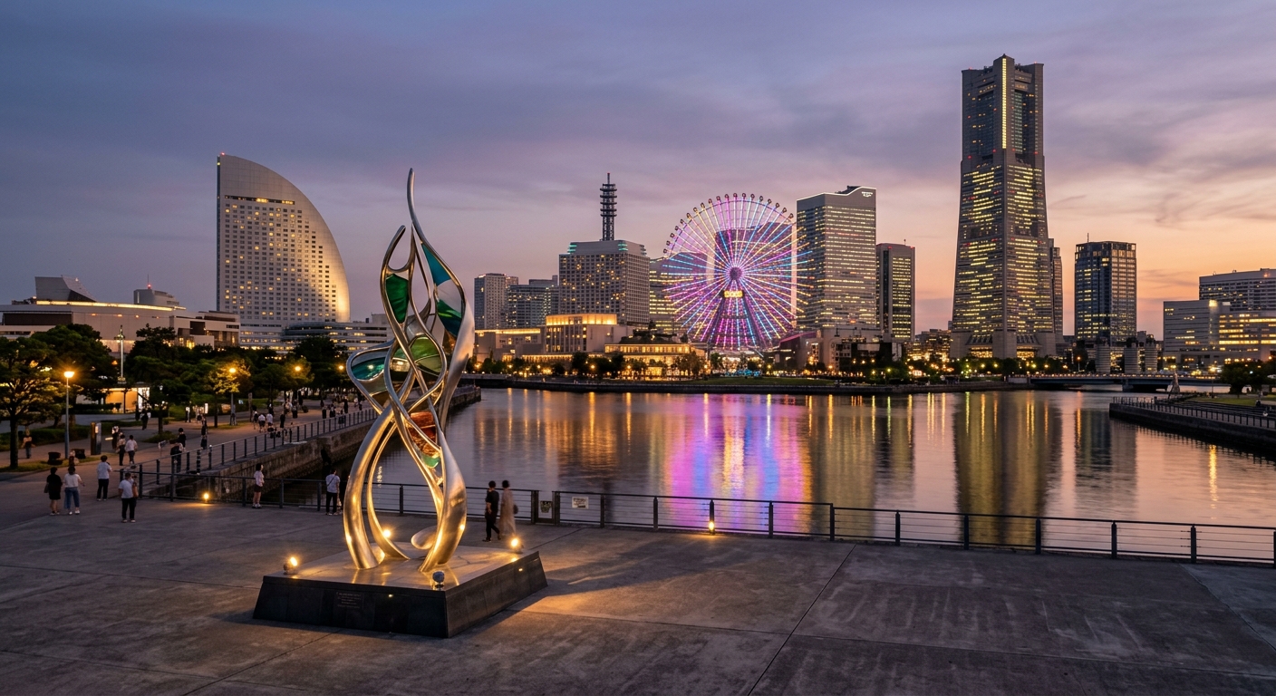 Yokohama waterfront at dusk with skyline, Landmark Tower, Cosmo Clock 21, and illuminated modern art sculpture reflecting on water.