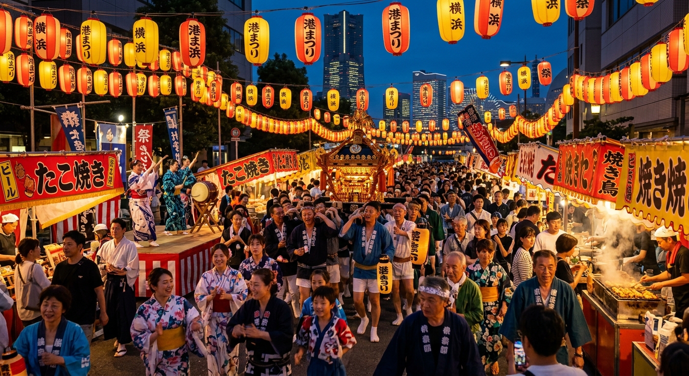 A lively Yokohama festival scene with diverse crowds, lanterns, food stalls, and performers in traditional attire under warm, inviting lights.