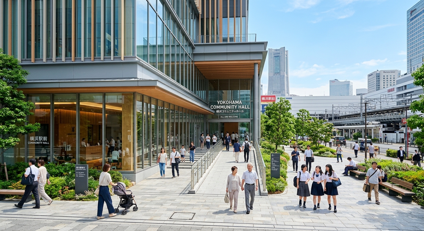 Modern public hall near Yokohama Station with diverse people, sleek architecture, bright lighting, and clear blue sky.